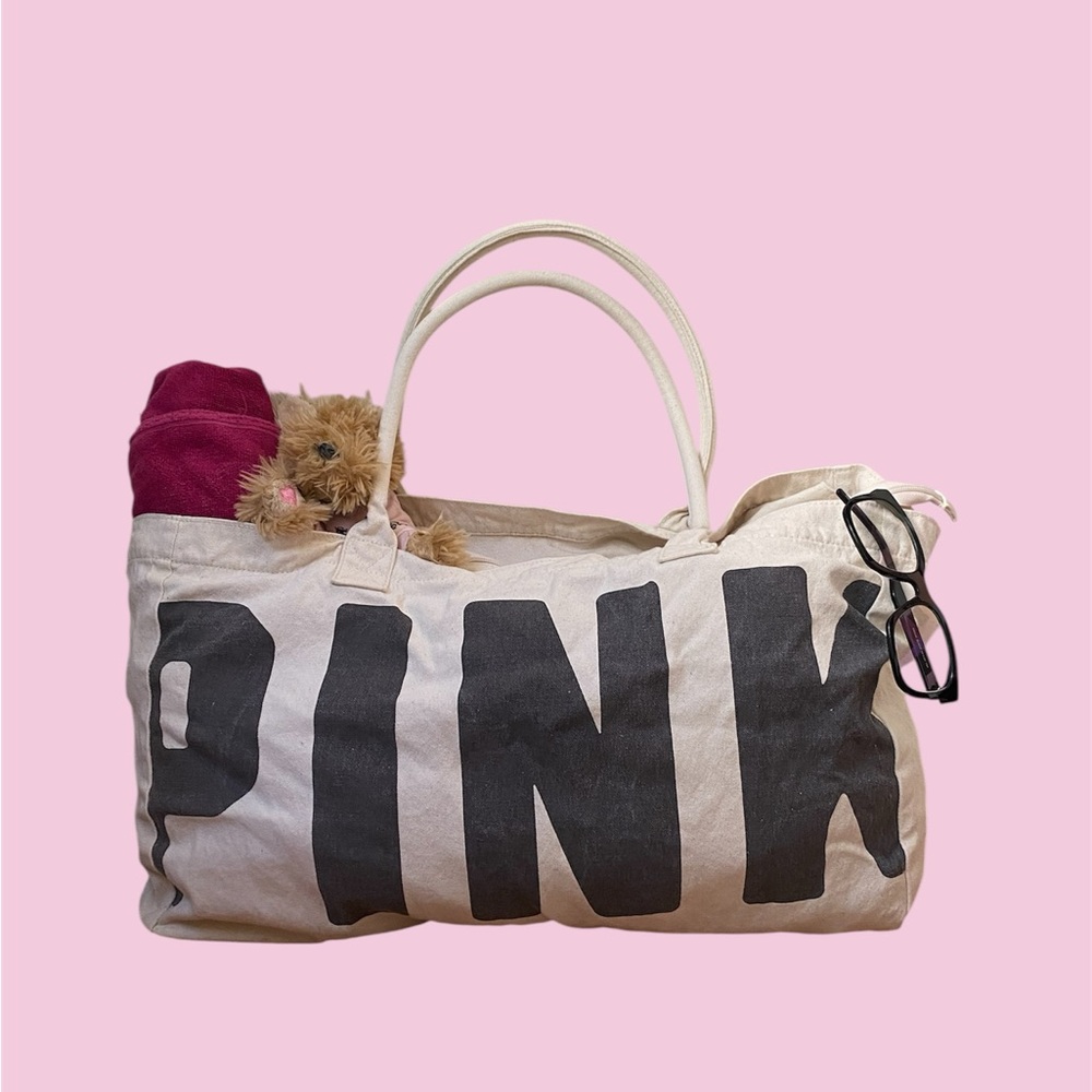 PINK Victoria's Secret Cream Tote with Black Lettering